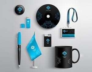 Corporate identity blue and black design set with cup pen cd and id card isolated vector illustration Corporate identity blue and black design set with cup pen cd and id card isolated vector illustration